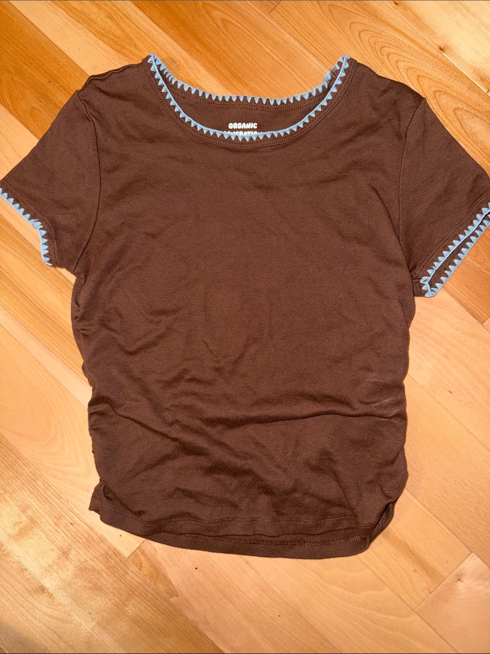 Brown Ruched Tee with Light Blue Zigzag Stitch Trim M but more like a S